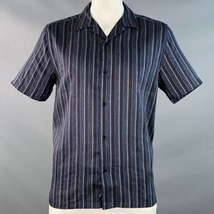 L Francoi Navy Black Stripe Linen Cotton Relaxed Camp Short Sleeve Shirt